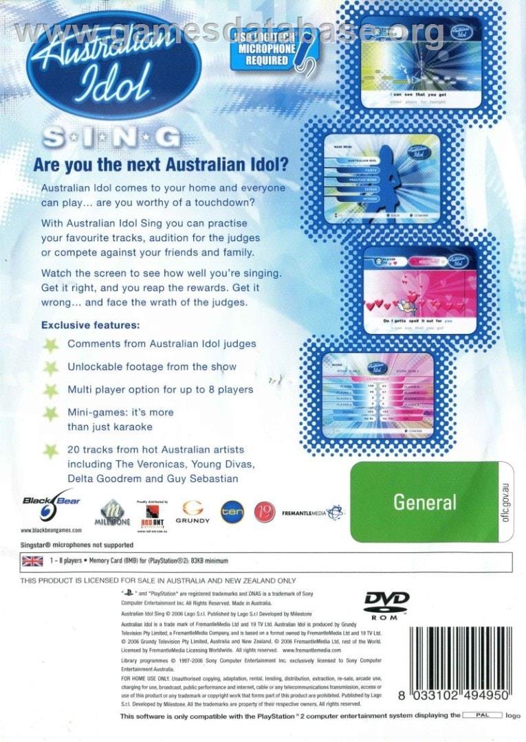 Australian Idol Sing - Sony Playstation 2 - Artwork - Box Back